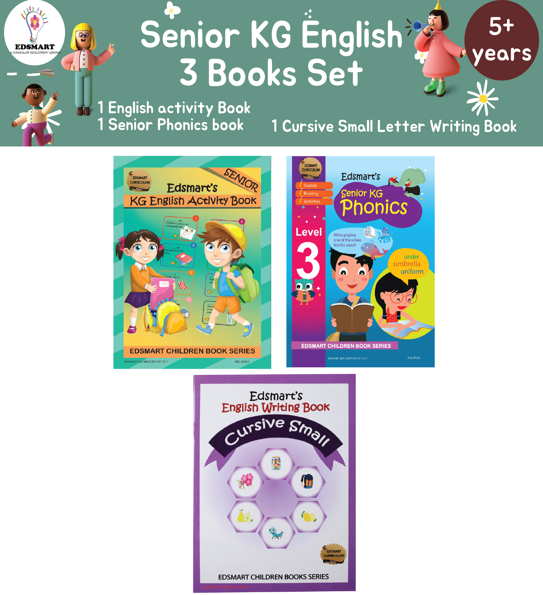 Senior KG English Book Set - ( English activity, Phonics, Cursive Small)
