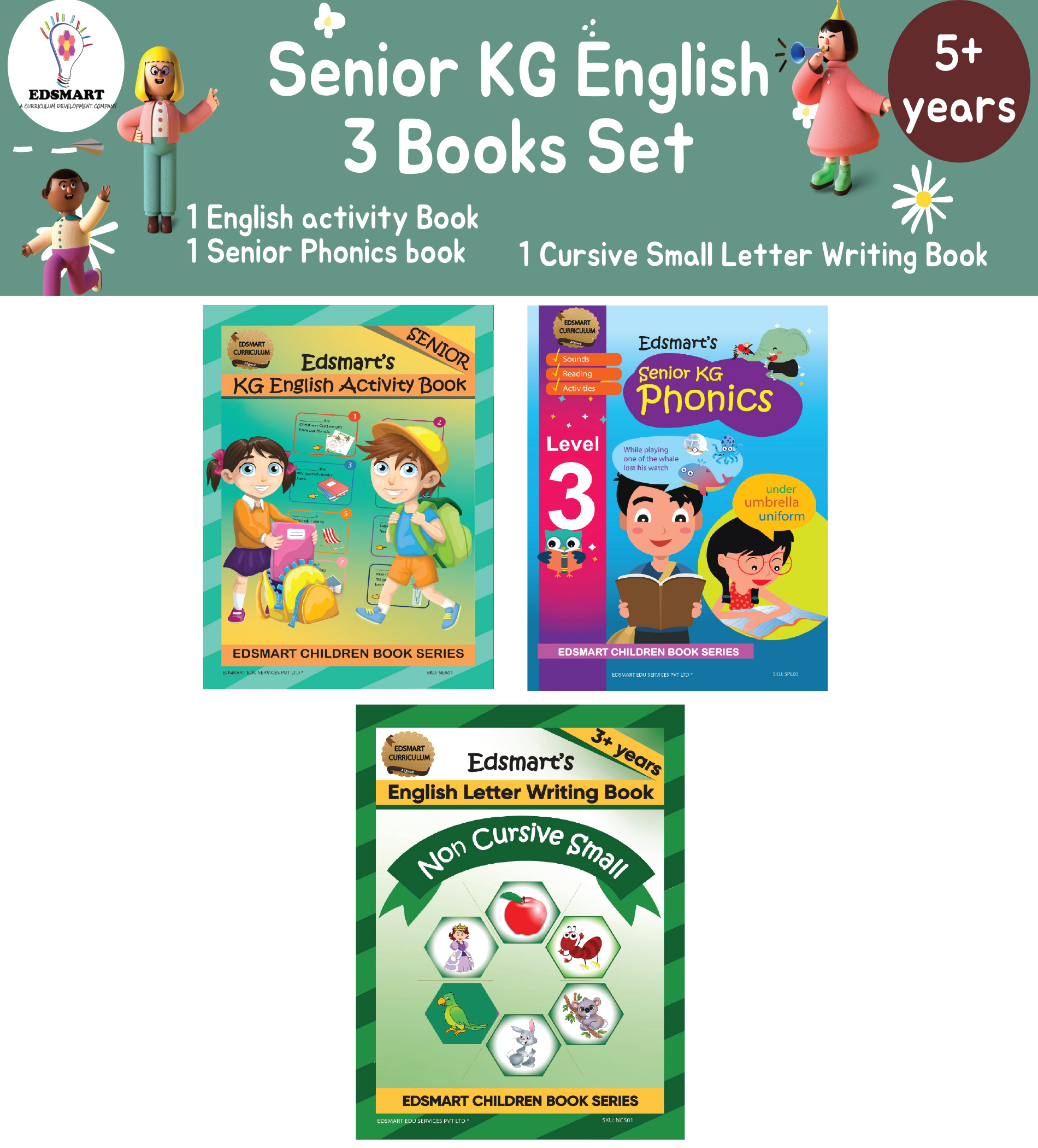 Senior KG English Book Set - ( English activity, Phonics, Non Cursive Small)